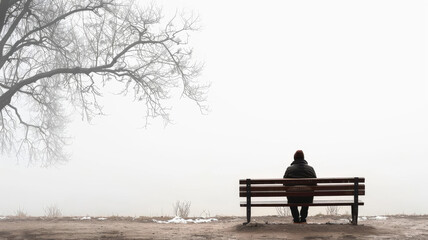 Person sitting alone on a park bench with a somber expression, isolated on white background, melancholy and solitude, copy space, stock photo