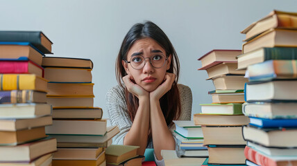 Student surrounded by stacks of books, looking overwhelmed, isolated on white background, academic pressure, copy space, stock photo