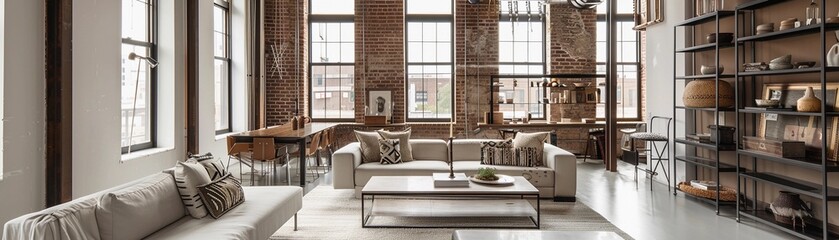 Fototapeta premium Urban Loft Living, a modern urban loft with white walls, exposed brick, and large windows