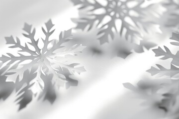 A close up of snowflakes on a white background. The snowflakes are cut out and appear to be floating in the air. Concept of winter and the beauty of snowflakes