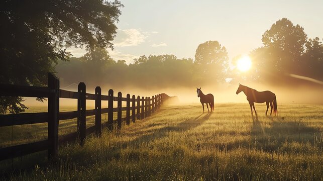 Horses grazing in a tranquil meadow at sunrise, with a wooden fence and misty morning light creates a serene and peaceful rural landscape.