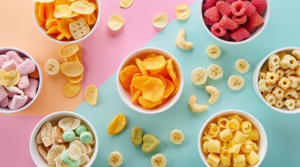 A colorful assortment of fruit and cereal is displayed on a table
