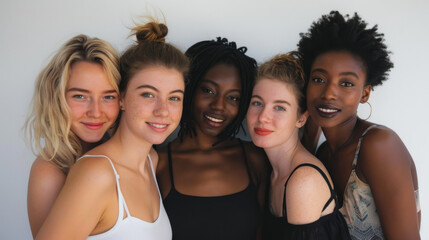 Fototapeta premium A diverse group of young women standing closely and smiling warmly at the camera, highlighting friendship and unity with a plain background. Diverse Group of Young Women Smiling Together
