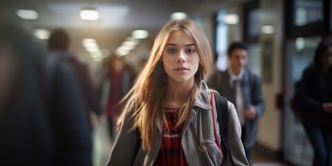A girl with long hair is walking down a hallway with other people. She is wearing a red and black plaid shirt and a gray jacket - Powered by Adobe