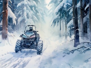 A snowmobile is driving through a snowy forest, watercolor illustrations, Summer activity.