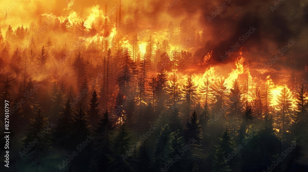 Wall mural dramatic image of a raging forest fire, engulfing the trees in flames and thick smoke, illustrating  - Wall murals