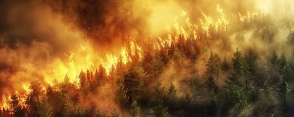 Forest fire raging across a dense forest with intense flames and smoke, showcasing the destructive power of nature and climate change impacts.