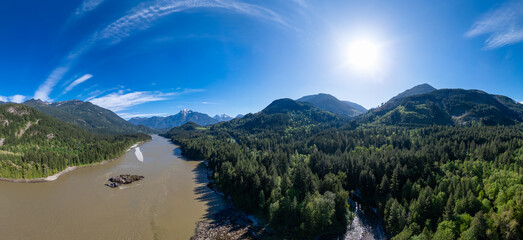 Aerial panorama of Canadian Mountain Landscape in Valley. Sunny Day.