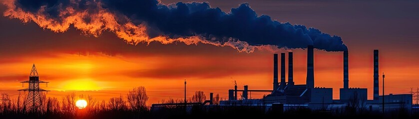 Industrial factory emitting smoke at sunset. Atmospheric view of pollution and stark contrast between nature and industry.