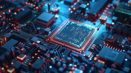 Fototapeta premium Quantum computer engineer debugging a qubit processor, intricate hardware illuminated, text space on left, Editorial, Cool, metallic environment, Closeup photography