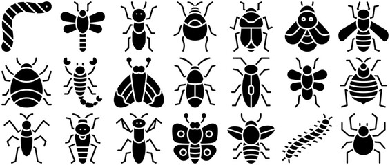 A Collection Of Insects Glyph Solid Icons Web Header Banner Design Containing Insect,Animals,Entomology,Insects,Bug Infographic Simple Vector Illustration Logo