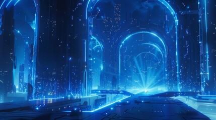 Obraz premium Energy blue background. Technological background for design on the topic of artificial intelligence, neural networks, big data. Copy space