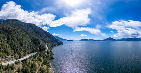 Sea to Sky Highway in Howe Sound, West Coast Ocean with Mountain Landscape.