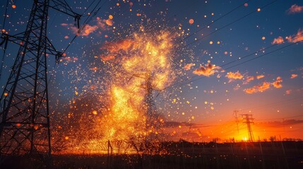 A power line is on fire and sparks are flying