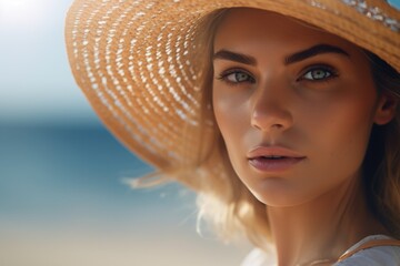 A woman with a straw hat on her head is standing on a beach. She has green eyes and a tan complexion