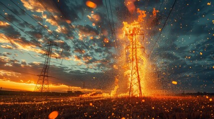 A fire is burning on a power line