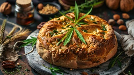 A cannabis-infused pie sits on a table with other food items. The pie is surrounded by nuts and herbs, and there is a jar of honey nearby. Concept of indulgence and relaxation - Powered by Adobe