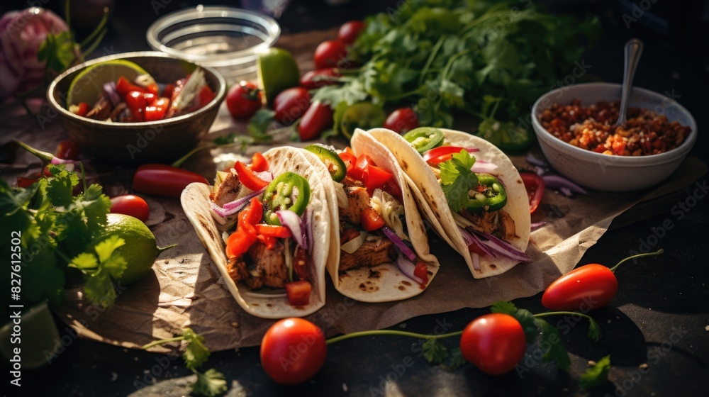 Wall mural three tacos with onions and tomatoes on a table with a bowl of salsa. scene is inviting and appetizi - Wall murals