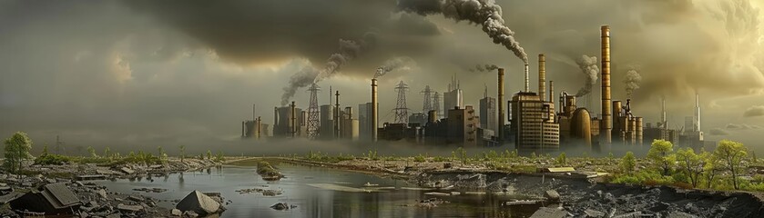 Industrial cityscape with factories emitting smoke, depicting environmental pollution and urban decay under a cloudy sky.