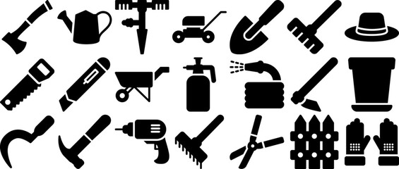 Set Of Linear Gardening Tool Glyph Icons Web Header Banner Design Containing Farming,Sprinkle,Gardening,Agriculture,Shovel Vector Illustration Linear Pictogram Pack