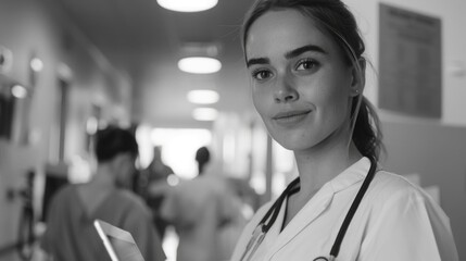 Naklejka premium A woman wearing a white coat and a stethoscope is smiling at the camera. She is holding a tablet in her hand