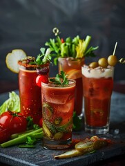 A table with four drinks, including Bloody Marys, and a plate of vegetables. The drinks are garnished with olives and celery