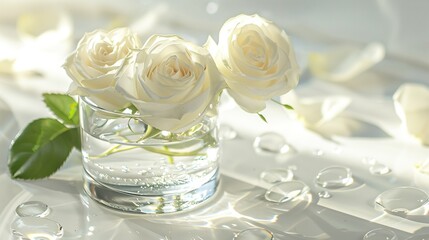 white rose clear vase holder with water scattered 