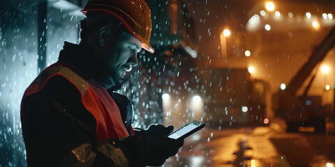 Obraz premium A man in a safety vest is looking at a tablet while it is raining. The scene is dark and the man is wearing a hard hat