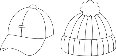 Beanie and cap coloring page. Knitted winter clothes, vector flat illustration. Winter coloring page for kids