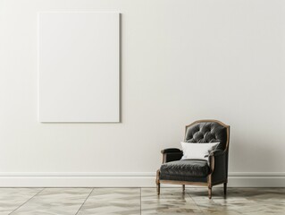 A black chair sits in front of a white wall. The chair is positioned in front of a blank wall, which gives the room a minimalist and clean look