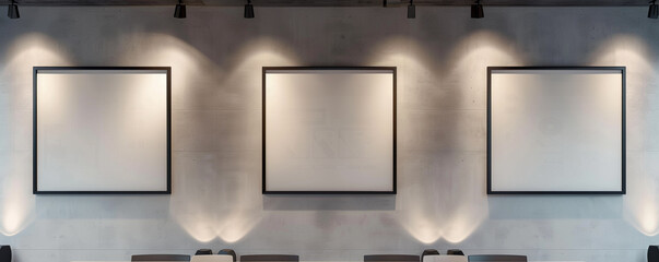 A panoramic view of a modern architectural workspace with three empty white frames with dark borders on a light gray wall,