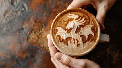 Fototapeta premium Hand holding a latte with a cute dragon and castle foam art,Closeup holding coffee cup, top view angle on isolated brown background
