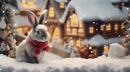A rabbit is sitting on a snowy hill with a red scarf around its neck. The scene is set in a wintery town with a house in the background. The rabbit is enjoying the cold weather