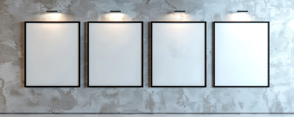 A series of four empty white frames with dark borders, centrally spotlighted and arranged in a staggered fashion against a light gray wall 