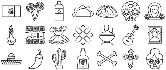 Set Of Day Of The Dead Icon In Line Style Icons Collection Isolated Silhouette Solid Icons Including Mexico,Mexican,Celebration,Day-Of-The-Dead,Party Stroke Icon Collection. Vector Illustration