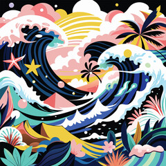 Fototapeta premium Abstract Tropical Seascape with Waves, Palm Trees, and Stars