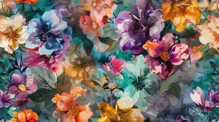 Colorful floral pattern with watercolor background digital printing on textile wallpaper