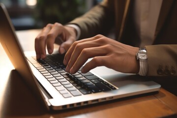 A man is typing on a laptop computer. He is wearing a watch and a suit. Concept of professionalism and focus as the man works on his laptop