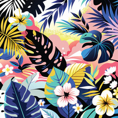 Fototapeta premium Tropical Floral Pattern with Colorful Leaves and Flowers