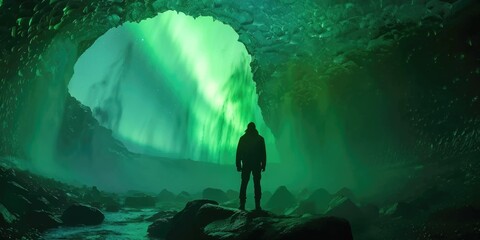 A man stands in a cave with a green glow surrounding him. The cave is dark and mysterious, and the man is alone. The atmosphere is eerie and unsettling - Powered by Adobe