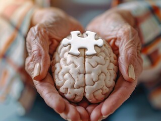 A puzzle piece is placed on top of a brain. Concept of solving a problem or puzzle, which can be related to the brain's ability to think and process information. Scene is somewhat serious and focused