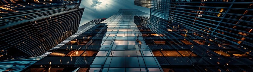 Skyscraper view from below with dramatic clouds and lighting, reflecting modern urban architecture and business district ambiance.