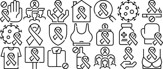 A Collection Of Cancer Icons Silhouette Vector Logo Design Containing Hope,Ribbon,Cancer,Health,Awareness Stroke Icon Collection. Vector Illustration