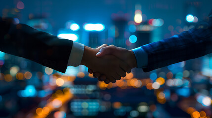 Successful business agreement contract dealing with a handshake in front of a blurred city building and office working space background.
