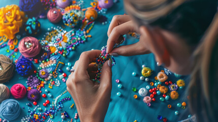 artisan woman crafting colorful beads embroidery on fabric