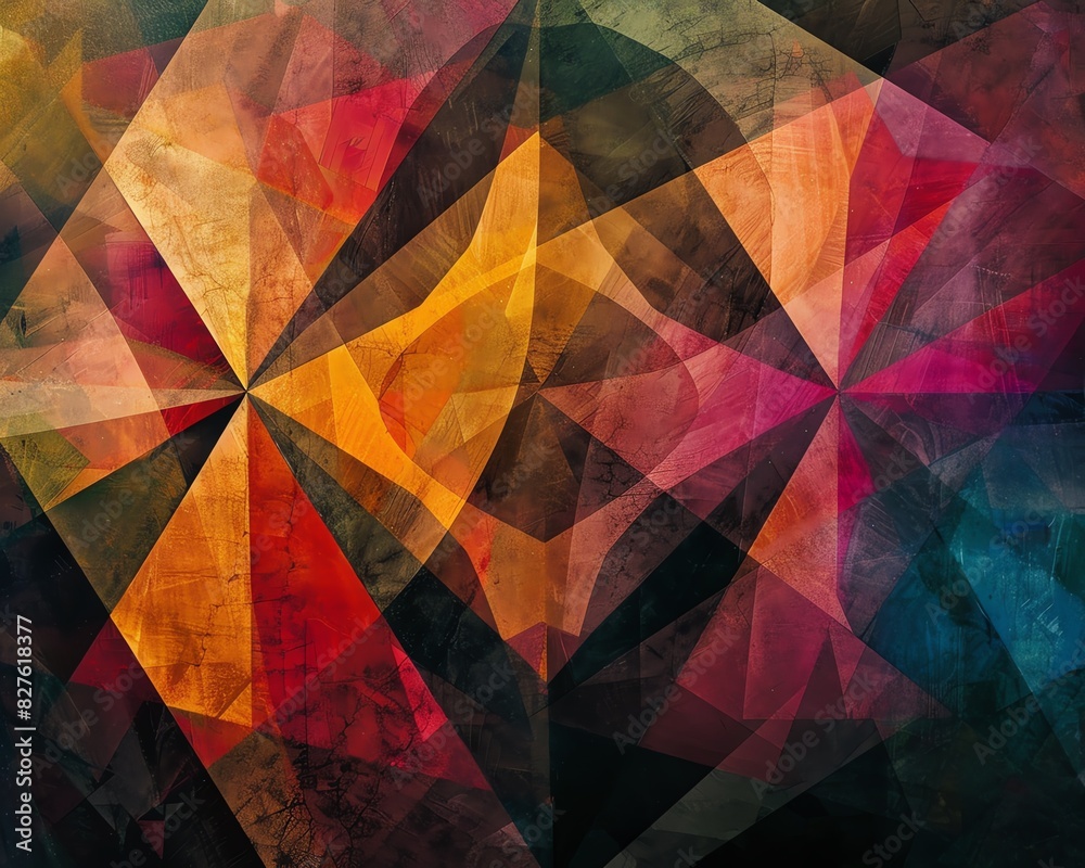 Poster Colorful abstract geometric pattern with overlapping shapes creating a vibrant, dynamic visual effect. Perfect for artistic and modern design uses.