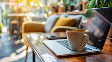 Remote work setup, coffee on laptop