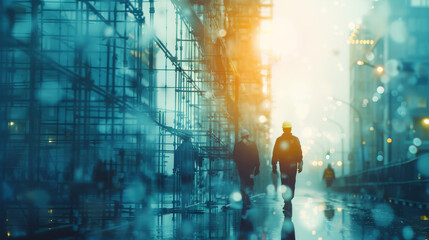 The photo shows a construction site with two workers walking away from the camera. The background is blurred and there is a bright light in the center of the photo.