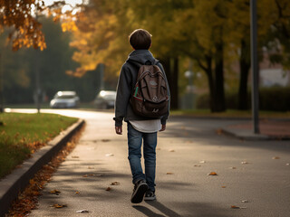Obraz premium Tween boy, backpack-clad, strolls towards school campus post-lessons
