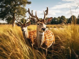 Graceful fallow deer roam freely in the scenic field